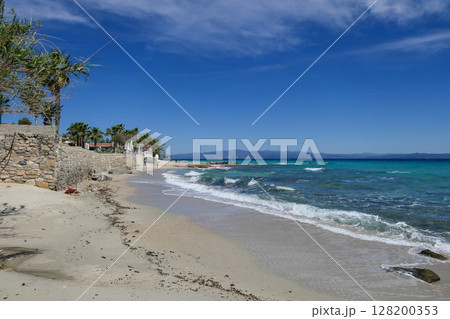 Greece, Afitos, Afytos, Beach landscape along the turquoise sea. 128200353