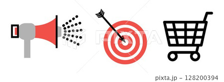 Set of Marketing objects icons: megaphone, goal sign and shopping cart, on transparent background, flat line design, vector illustration Set of Marketing objects icons: megaphone, goal sign and shopping cart, on transparent background, flat line design, vector illustration 128200394