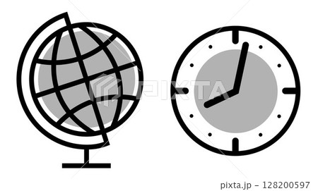 Set of Education icons: earth globe and clock, on transparent background, flat line design, vector illustration 128200597