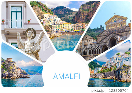 Photo collage from Amalfi - small haven of Amalfi village with tiny beach and colorful houses, located on rock, Amalfi coast, Salerno, Campania, Italy. 128200704