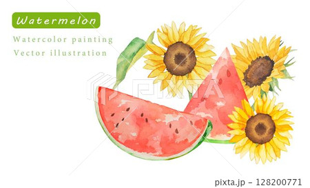 ひまわりとスイカの水彩ベクターイラストセット 128200771