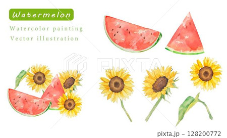 ひまわりとスイカの水彩ベクターイラストセット 128200772