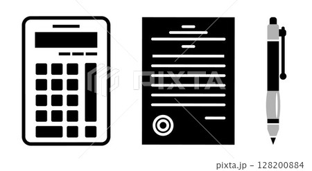Set of Business icons: calculator, contract and pen, on transparent background, flat line design, vector illustration 128200884