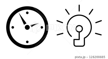Set of Business icons: clock as time concept and bulb lamp as idea concept, on transparent background, flat line design, vector illustration Set of Business icons: clock as time concept and bulb lamp as idea concept, on transparent background, flat line design, vector illustration 128200885