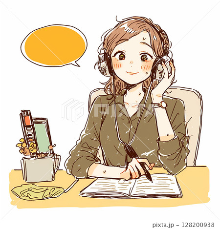 【フキダシ】ヘッドセットを付けた女性が悩むカスタマーサポートのイラスト 128200938