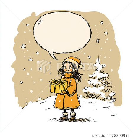 【フキダシ】雪が降る中で笑顔のサンタ姿の女の子と吹き出し 128200955