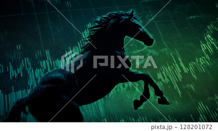 Dynamic silhouette of horse against digital radar themed background evokes fast profit in stock market 128201072