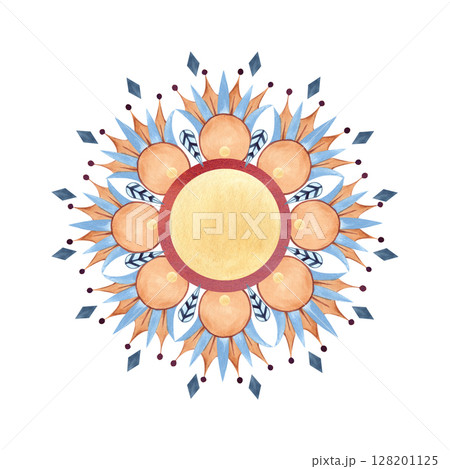 Ancient arabesque, abstract flower. African round ornament. Geometric patterns with lotus. Watercolor isolated illustration. Arabic culture concept, Egyptian, Persian for textile, souvenir, postcards Ancient arabesque, abstract flower. African round ornament. Geometric patterns with lotus. Watercolor isolated illustration. Arabic culture concept, Egyptian, Persian for textile, souvenir, postcards 128201125