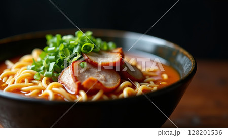 Hyperrealistic Macro Ramen Bowl with Detailed Noodles Pork and Green Onion 128201536