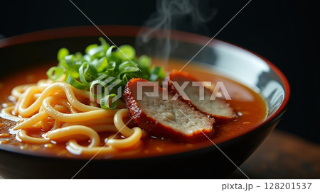 Hyperrealistic Macro Ramen Bowl with Detailed Noodles Pork and Green Onion 128201537