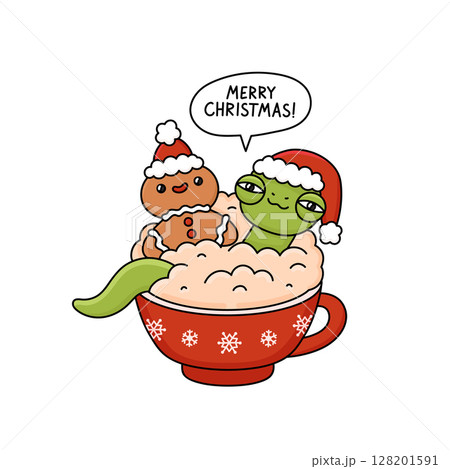 Funny snake in Santa hat and gingerbread man cookie 128201591