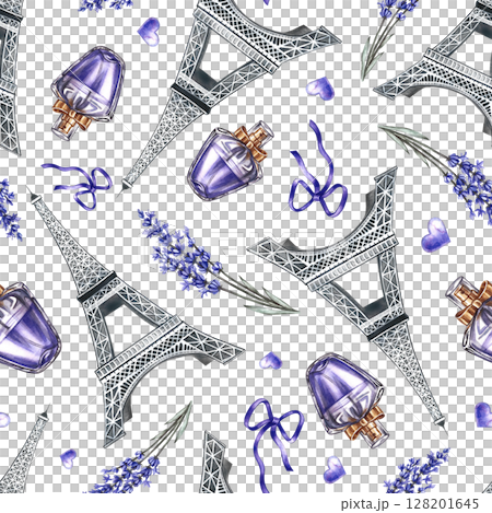 Seamless purple pattern depicting French fashion and beauty. Hand-drawn watercolor illustrations. Perfumes, lavender flowers, and the Eiffel Tower. For textiles, wrapping paper, tablecloths, curtains. Seamless purple pattern depicting French fashion and beauty. Hand-drawn watercolor illustrations. Perfumes, lavender flowers, and the Eiffel Tower. For textiles, wrapping paper, tablecloths, curtains. 128201645