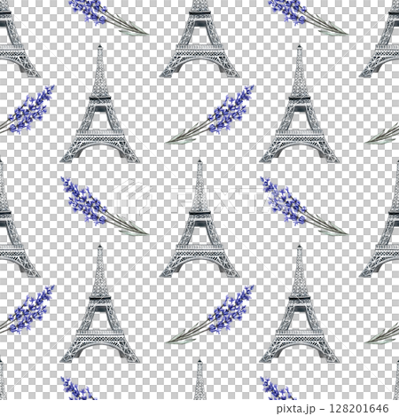 Seamless pattern with the Eiffel Tower and lavender flowers. Hand-drawn watercolor illustrations. Beautiful and delicate pattern for textiles, clothing, wrapping paper, tablecloths, and curtains. Seamless pattern with the Eiffel Tower and lavender flowers. Hand-drawn watercolor illustrations. Beautiful and delicate pattern for textiles, clothing, wrapping paper, tablecloths, and curtains. 128201646
