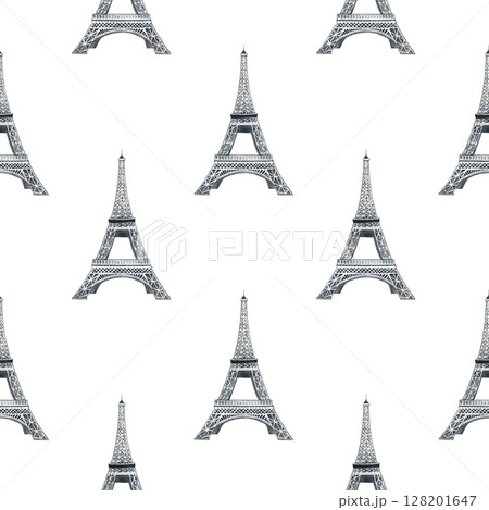 Seamless pattern with the Eiffel Tower. Handmade watercolor illustrations. Beautiful and delicate pattern for textiles, clothing, wrapping paper, tablecloths, and curtains. 128201647
