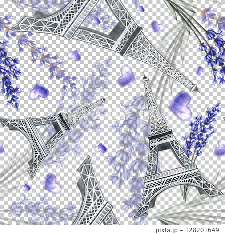 Seamless purple pattern with the Eiffel Tower and lavender flowers. Hand-drawn watercolor illustrations. Beautiful pattern for clothing textiles, wrapping paper, tablecloths, curtains, etc. 128201649