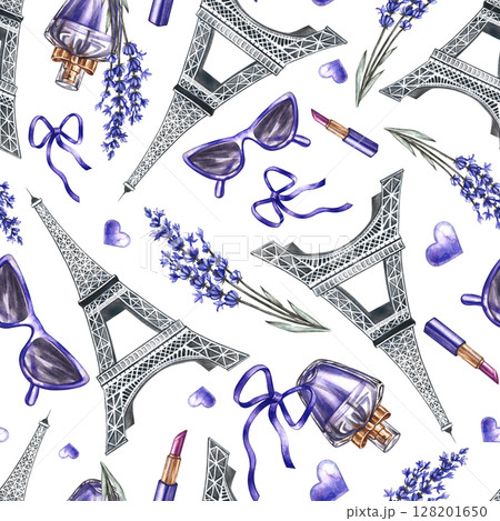 Seamless purple pattern depicting French fashion and beauty. Hand-drawn watercolor illustrations. Perfumes, sunglasses, lavender flowers, and the Eiffel Tower. For textiles, wrapping paper, wallpaper. 128201650