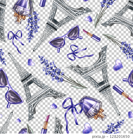 Seamless purple pattern depicting French fashion and beauty. Hand-drawn watercolor illustrations. Perfumes, sunglasses, lavender flowers, and the Eiffel Tower. For textiles, wrapping paper, wallpaper. 128201650