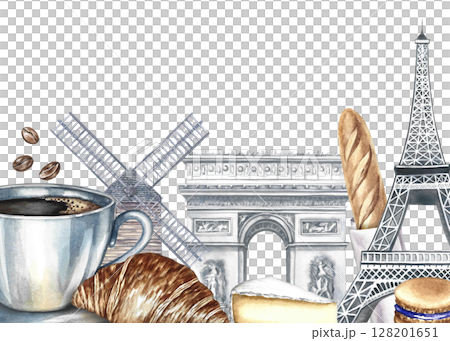 A frame with images of Parisian landmarks and food. Hand-drawn watercolor illustration. Baguette, cheese, croissant, almond biscuit and cup of coffee, Eiffel Tower, Arc de Triomphe, and a mill. 128201651