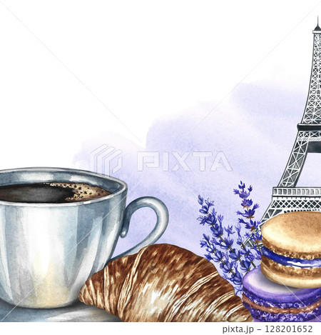 A frame with a picture of a cup of coffee, almond cookies, croissants, and the Eiffel Tower. Hand-drawn watercolor illustration. French cuisine. For, postcards, labels, banners, menus, and posters. 128201652