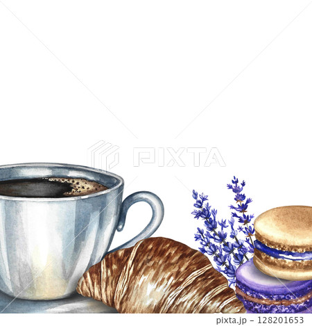 Frame with a picture of a cup of coffee, almond cookies, and croissants. Hand-drawn watercolor illustration. French cuisine. For packaging, postcards, labels, banners, flyers, menus, and posters. 128201653