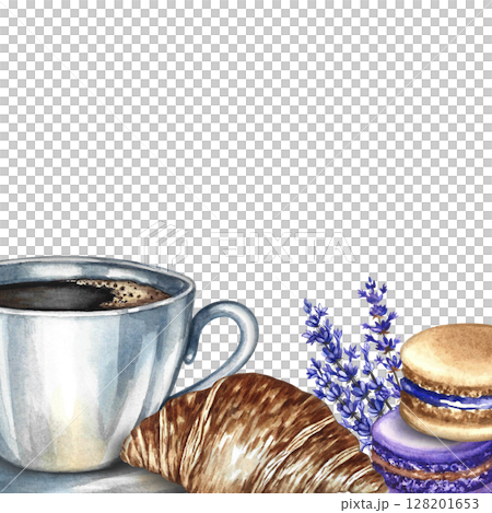 Frame with a picture of a cup of coffee, almond cookies, and croissants. Hand-drawn watercolor illustration. French cuisine. For packaging, postcards, labels, banners, flyers, menus, and posters. 128201653