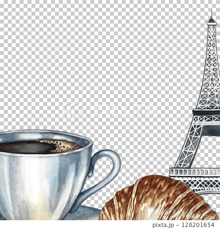 Frame. A cup of coffee, a croissant, and the Eiffel Tower. Hand-drawn watercolor illustration. Isolation. Color image. For packaging, logos, and labels. For banners, flyers, menus, posters, and more. Frame. A cup of coffee, a croissant, and the Eiffel Tower. Hand-drawn watercolor illustration. Isolation. Color image. For packaging, logos, and labels. For banners, flyers, menus, posters, and more. 128201654