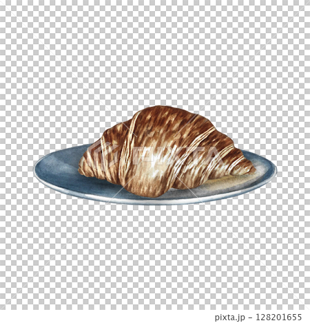 Croissant on a saucer. French pastry. Hand-drawn watercolor illustration. Isolate. Color image. Crescent-shaped puff pastry. For menu and recipe design, labels, packaging, and more. Croissant on a saucer. French pastry. Hand-drawn watercolor illustration. Isolate. Color image. Crescent-shaped puff pastry. For menu and recipe design, labels, packaging, and more. 128201655