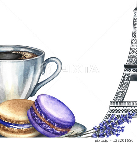 Frame and image of a coffee cup, macaroon almond cookies, and the Eiffel Tower. Hand-drawn watercolor illustration. Square template. French cuisine. For packaging, labels, flyers, menus, and posters. 128201656