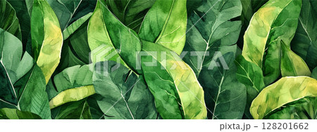 Watercolor green leaves illustration. Summer green leaves drawing background. Watercolor green leaves illustration. Summer green leaves drawing background. 128201662