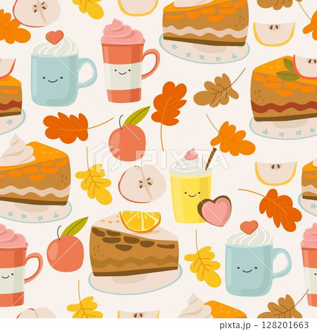 Seamless Pattern of various piece of apple pie, cups and autumn leaves 128201663