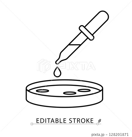 A sample drop icon in minimalist style with editable stroke. Laboratory pipette, petri dish, liquid test, clinical specimen, medical analysis, biology research, outline object, vector illustration. 128201871