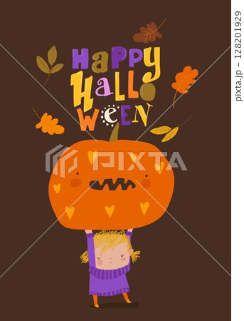 Cute Little Girl holding Big Halloween Pumpkin Cute Little Girl holding Big Halloween Pumpkin 128201929