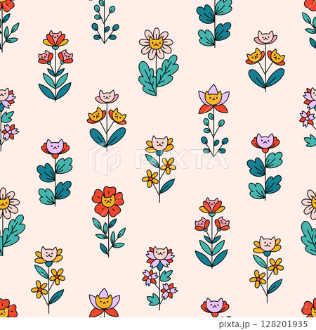 Retro seamless pattern of field and garden flowers with cute cats Retro seamless pattern of field and garden flowers with cute cats 128201935