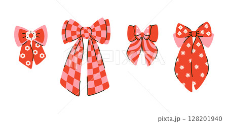 Retro set of elegant bow knots in cage, with butterfly and daisy flowers 128201940