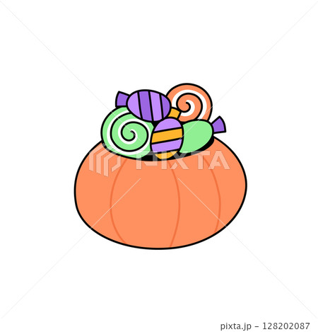 Halloween pumpkin bucket with candies 128202087