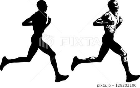 marathon runner sketch and silhouette - vector marathon runner sketch and silhouette - vector 128202100