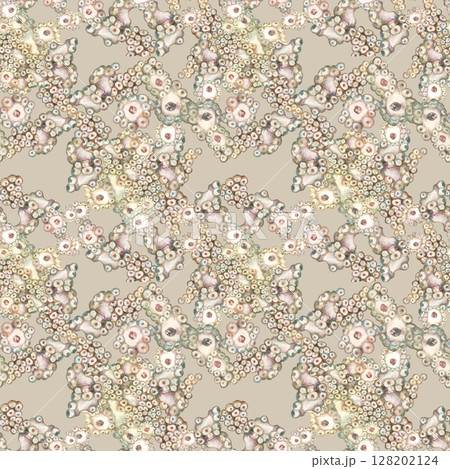 Seamless pattern of underwater sea sponges porifera. Watercolor illustration in gentle beige tones on a cream background for sea design, bed linen, blanket, wallpaper, packaging, towel, diving, crafts Seamless pattern of underwater sea sponges porifera. Watercolor illustration in gentle beige tones on a cream background for sea design, bed linen, blanket, wallpaper, packaging, towel, diving, crafts 128202124