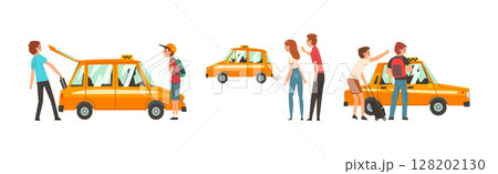 Man and Woman Passenger Hire Yellow Taxi Cab Service Vector Set 128202130
