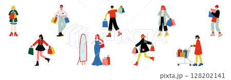 Happy People Customer Character Shopping with Bag Vector Set Happy People Customer Character Shopping with Bag Vector Set 128202141