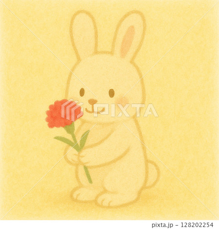 母の日にカーネーションを抱えるうさぎのイラスト（単体） 128202254