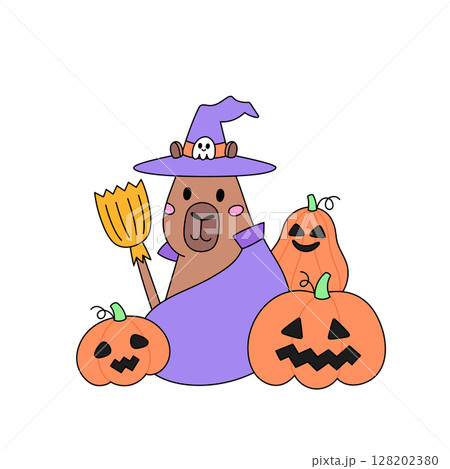 Funny animal capybara in witch costume and broom Funny animal capybara in witch costume and broom 128202380