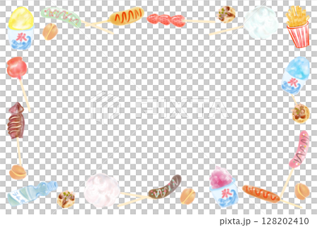 かわいい屋台の食べ物フレーム　手描き 128202410