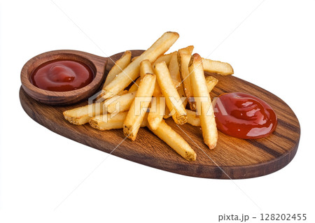 A wooden board holds golden french fries next to a bowl of vibrant red chili sauce, isolated on a white background. 128202455