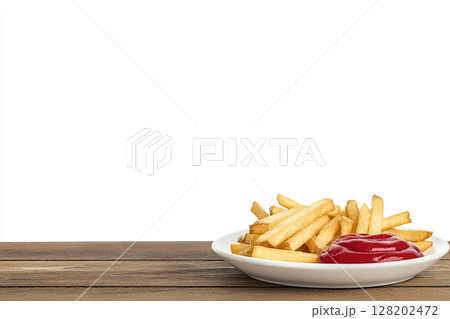 A wooden board holds golden french fries next to a bowl of vibrant red chili sauce, isolated on a white background. 128202472