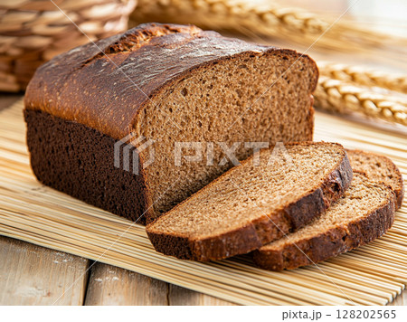 A freshly baked loaf of brown bread, rests on a bamboo mat alongside wheat stalks, highlighting its rustic appeal. 128202565