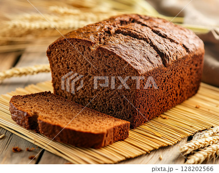 A freshly baked loaf of brown bread, rests on a bamboo mat alongside wheat stalks, highlighting its rustic appeal. 128202566