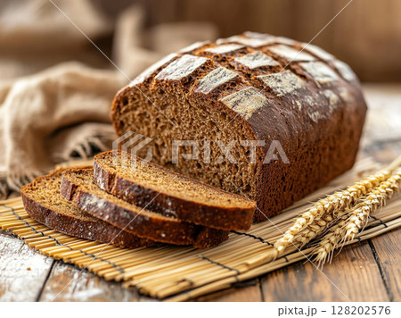 A freshly baked loaf of brown bread, rests on a bamboo mat alongside wheat stalks, highlighting its rustic appeal. 128202576