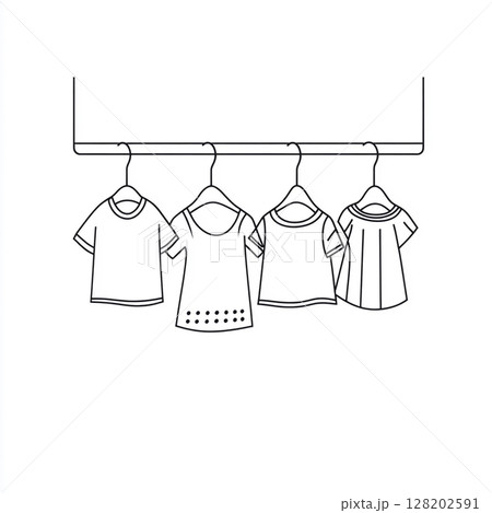 A minimalist one-line drawing shows cloths hanging on hangers from a rod against a white background. 128202591