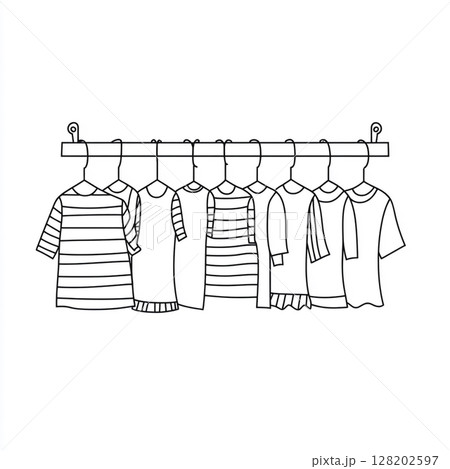 A minimalist one-line drawing shows cloths hanging on hangers from a rod against a white background. 128202597