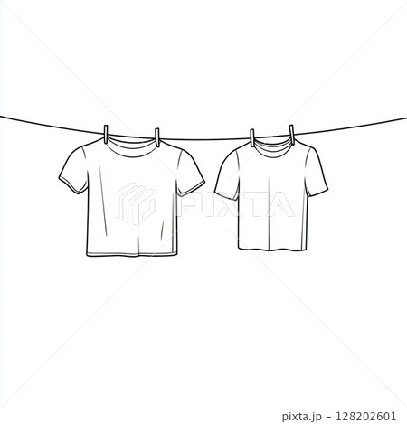 A minimalist one-line drawing shows cloths hanging on hangers from a rod against a white background. A minimalist one-line drawing shows cloths hanging on hangers from a rod against a white background. 128202601